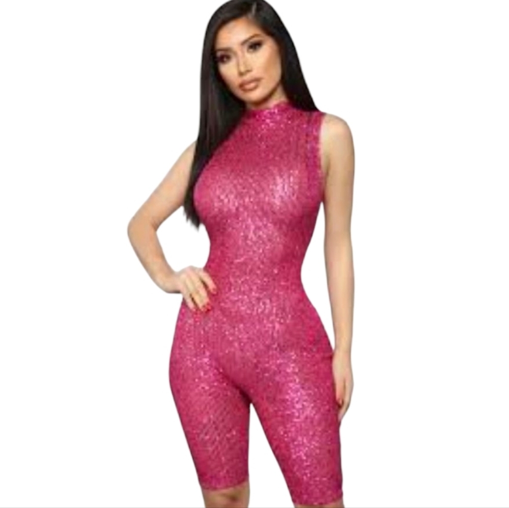 Women's Fashion Nova Pink Sequin Romper Sz Med NWT